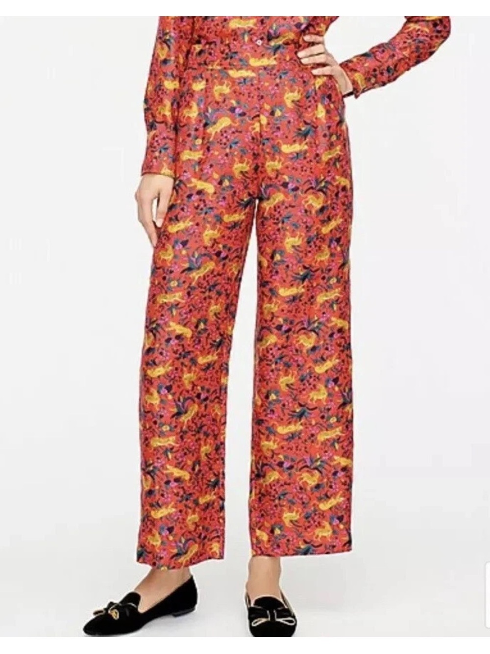 J. Crew Collection 100% Silk Twill Pull On Pant Size 6 in Jungle Cat Print NWOT